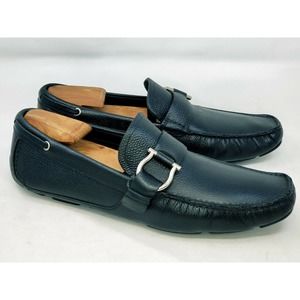Salvatore Ferragamo Mens 9 D Pebbled Leather Buckle Loafers Black Slip On Shoes